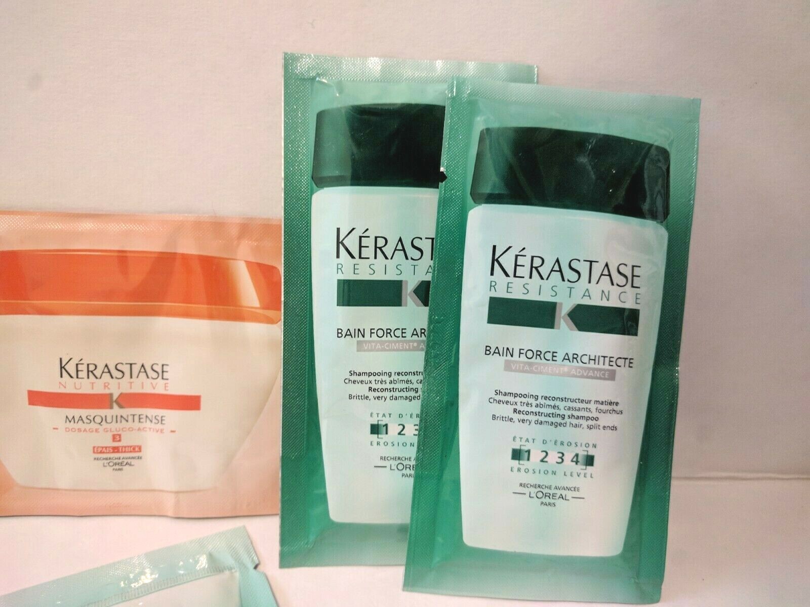 Kerastase Set of 4 Sample Packs Shampoo Reconstructor Milk Mask 0.34 fl oz