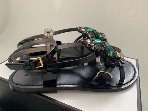 Pre-owned Dsquared2 6.5 7.5 Jeweled Black Patent Leather Ankle Strap Flat Sandals $890