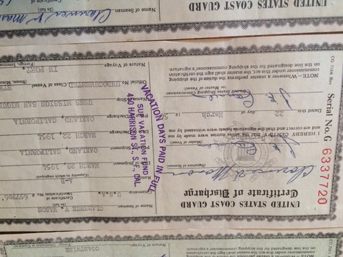 4 1954 U.S. Coast Guard Certificate of Discharge Merchant Seaman Steam Vessels