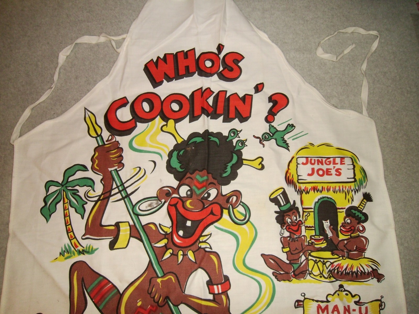 MENS WOMENS VINTAGE CHEF COOK GRILL APRON JUNGLE JOE'S BLACK AFRICAN CANNIBAL