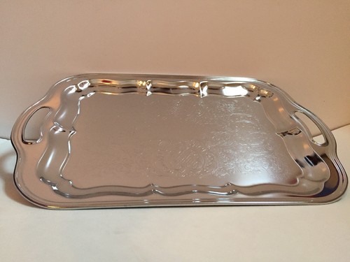 Vintage Irvinware Oblong Serving Tray With Handles And Ornate Scroll Etching
