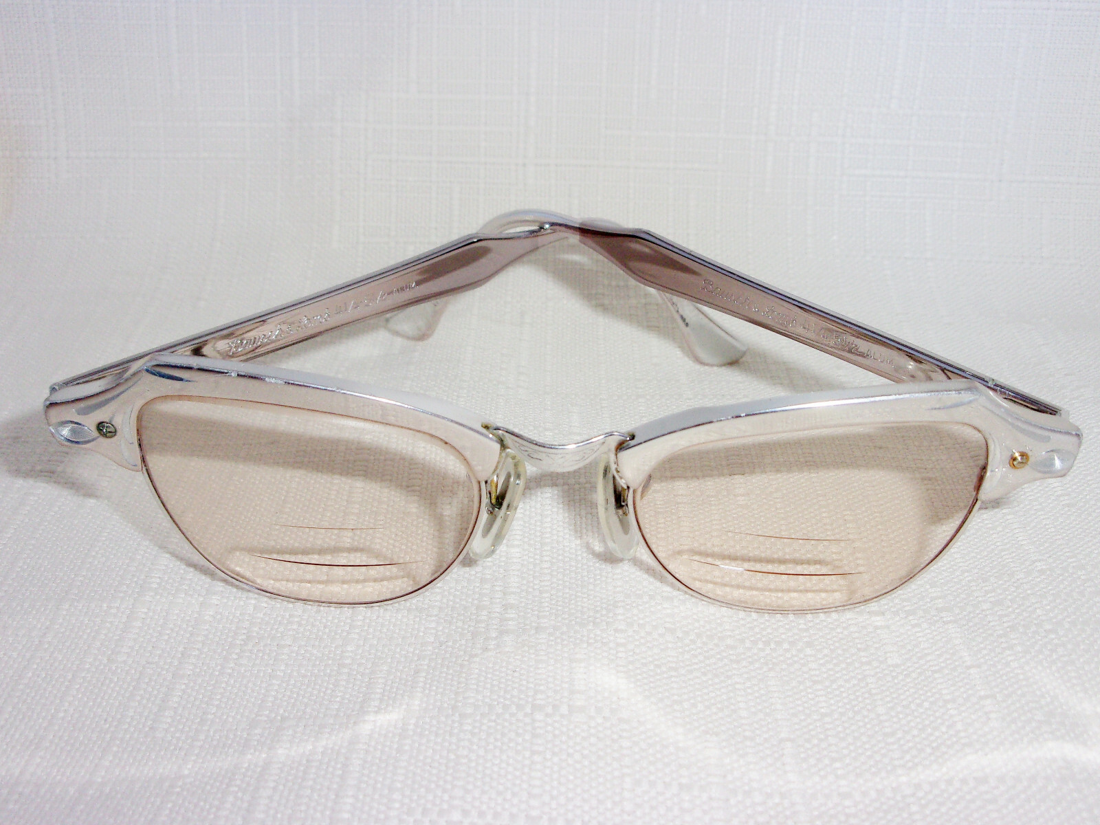 Bausch & Lomb Cateye Vintage Eyeglasses B & L 12K GF Silver Tone Alum Etched