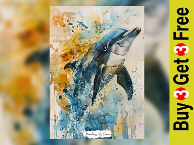 Energetic Dolphin Leap, Watercolor Dolphin Art Painting Print 5''x7'' Matte Paper