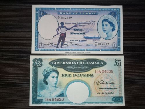 REPRODUCTION of 2 rare Queen Elizabeth banknotes Zambia £1 1963 Jamaica £5 1960
