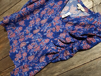 NEW Loft M Top Women's Blue Pink Floral V Neck Puff Sleeve Stretch Blouse 