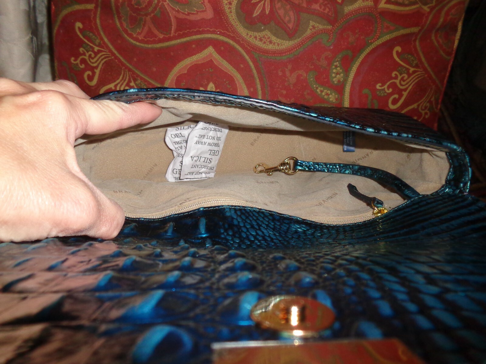 NWT BRAHMIN SANDRINE VERDIGRIS CROCO EMBOS LEATHER CLUTCH WRISTLET BAG