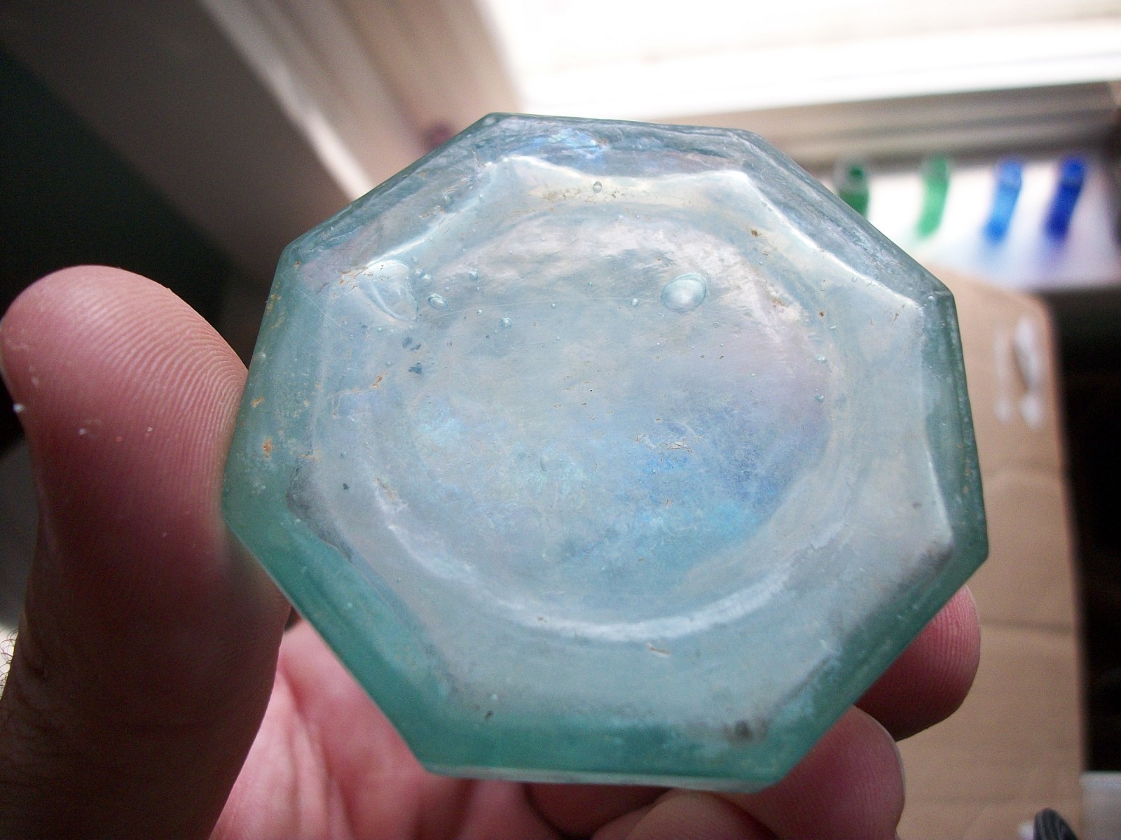 1880s ERA TOOLED LIP EIGHT SIDED AQUA UMBRELLA INK PANELED BASE EDGES FREE SHIP