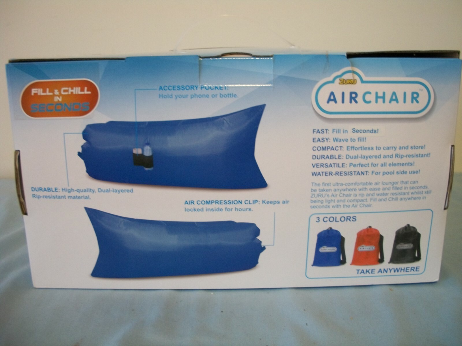 Zuru Air Chair Lounger Portable Holder Pocket Black Beach Park Furniture