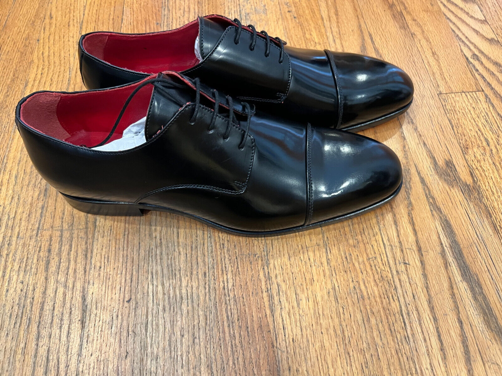 Pre-owned Handmade Black Polish Oxford Calf Skin Lace Up With Red Patent Mirror Sole. Made In Italy