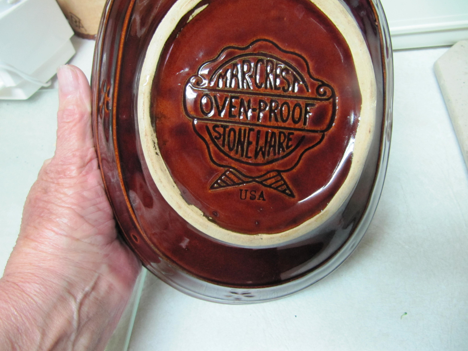 Marcrest Stoneware Pottery Divided Bowl Daisy Dot Brown 10x8 Oven-Proof