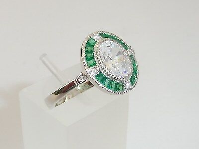 Damen Art Deco Halo Design 925 Sterling Silber Saphir & Grün Smaragd Ringe