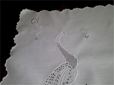 Beautiful Whitework Embroidered Linen Peacock Figural Dresser or  Bureau Scarf