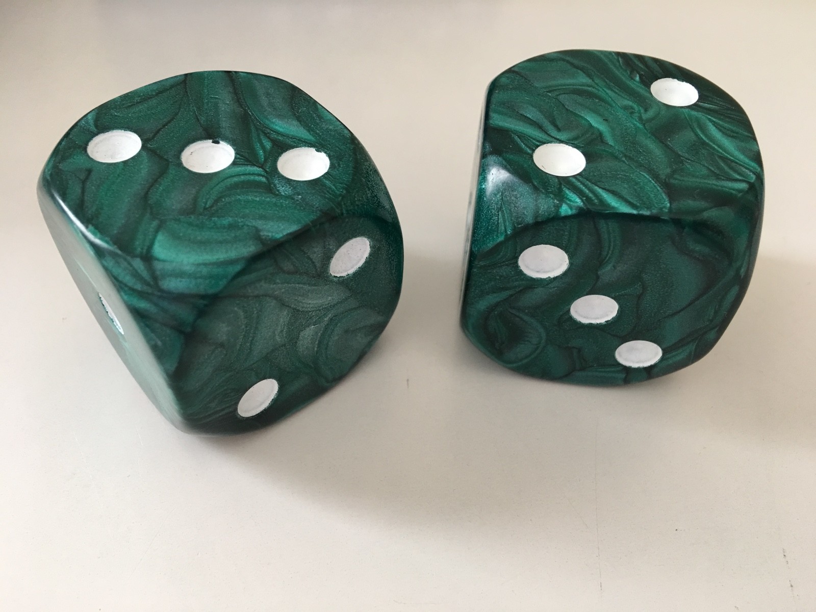 2 36mm Jumbo Large D6 Dice Green Pearl with White Pips High Quality D & D RPG
