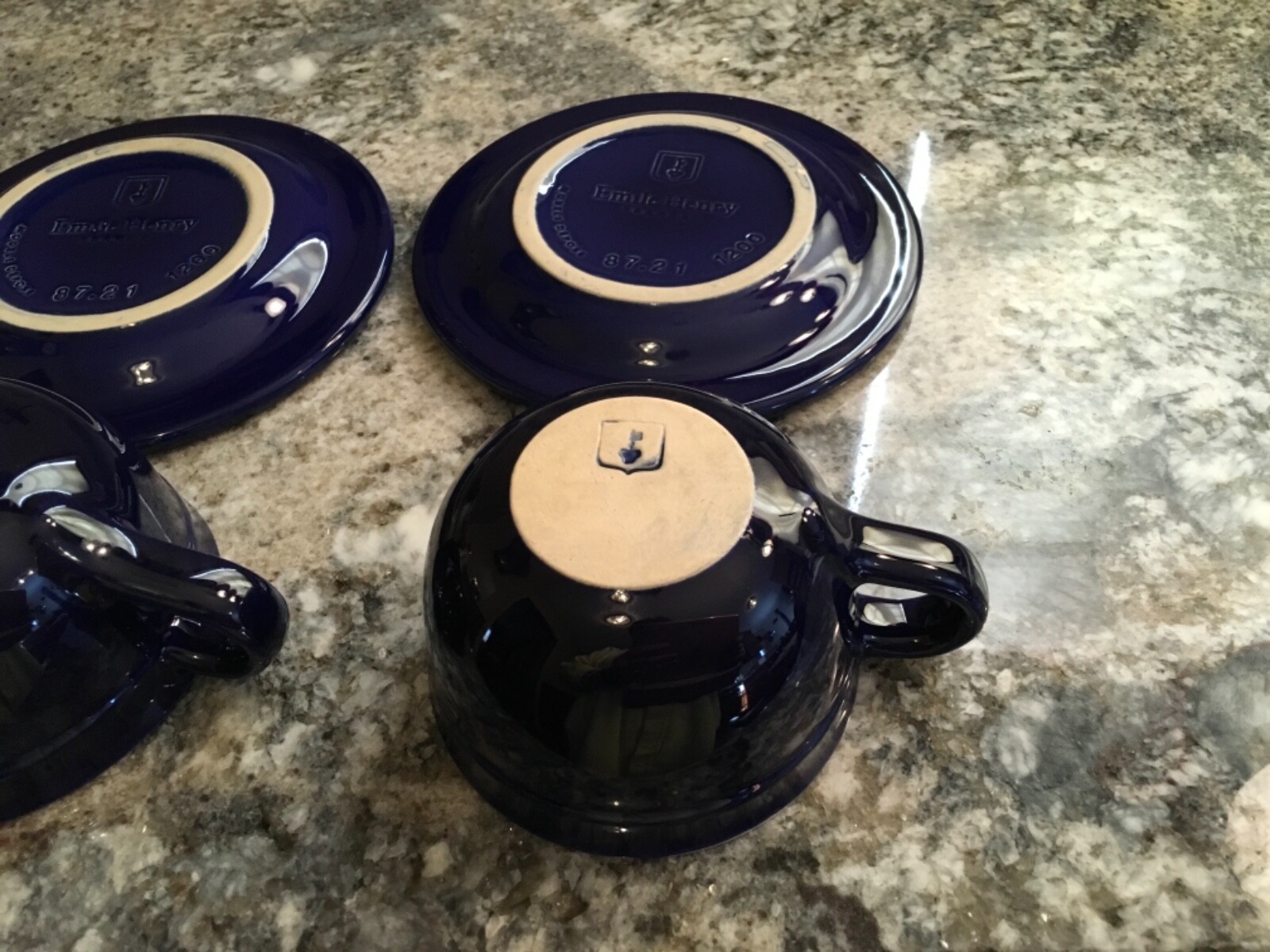 2 Emile Henry Cups and Saucers Blue
