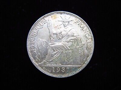 FRENCH INDOCHINA 20 CENTS 1937 SILVER LAOS CAMBODIA VIETNAM Sharp 2524# COIN