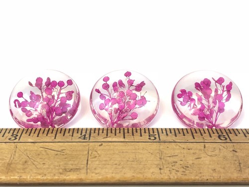 3 Large Vintage Lucite Buttons w Encased Hot Pink Plant Life So Unusual! 1 1/8