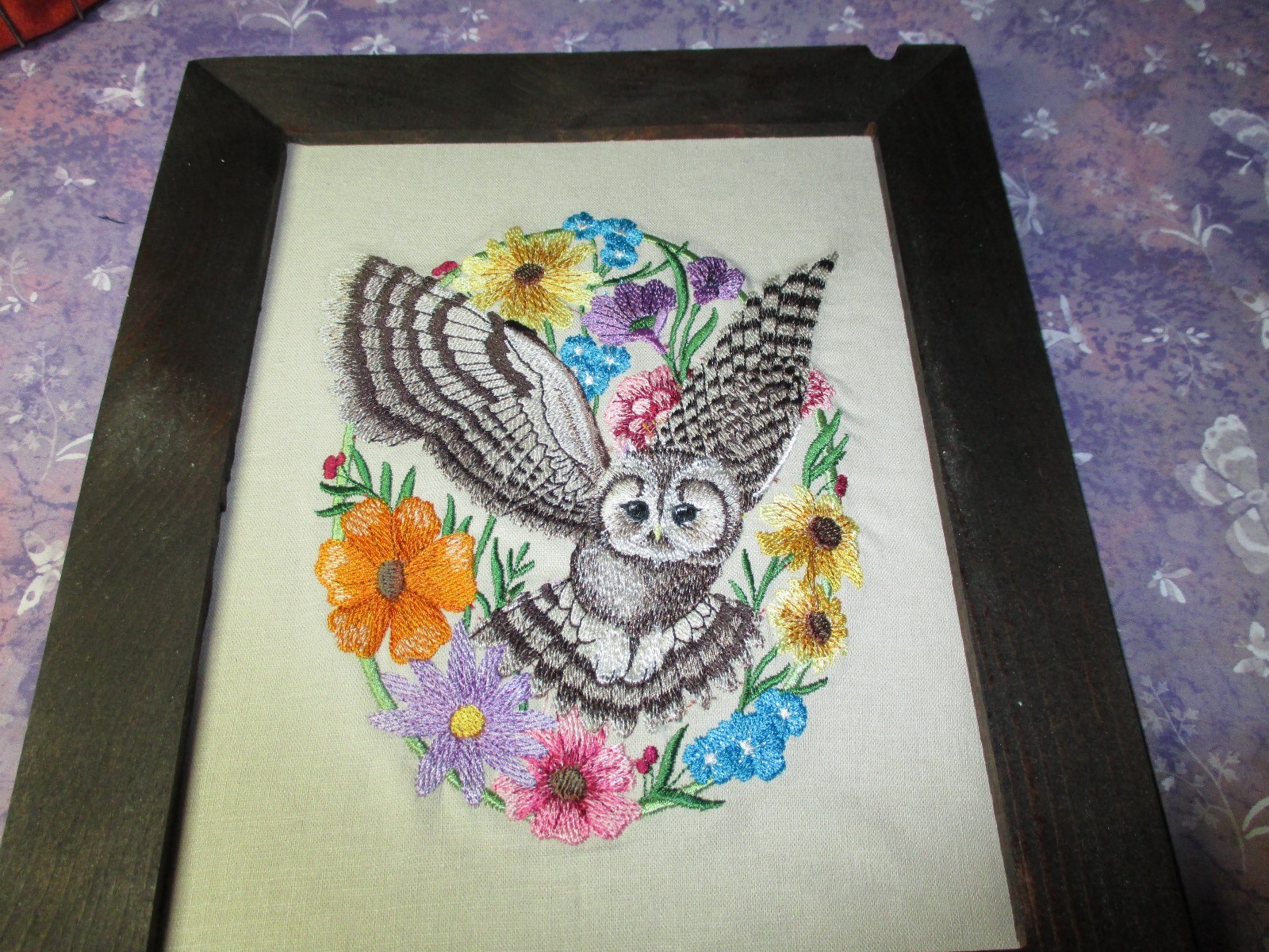 Framed Woodland Whimsey Owl in Floral Oval Machine Embroidery in Barn Wood Frame