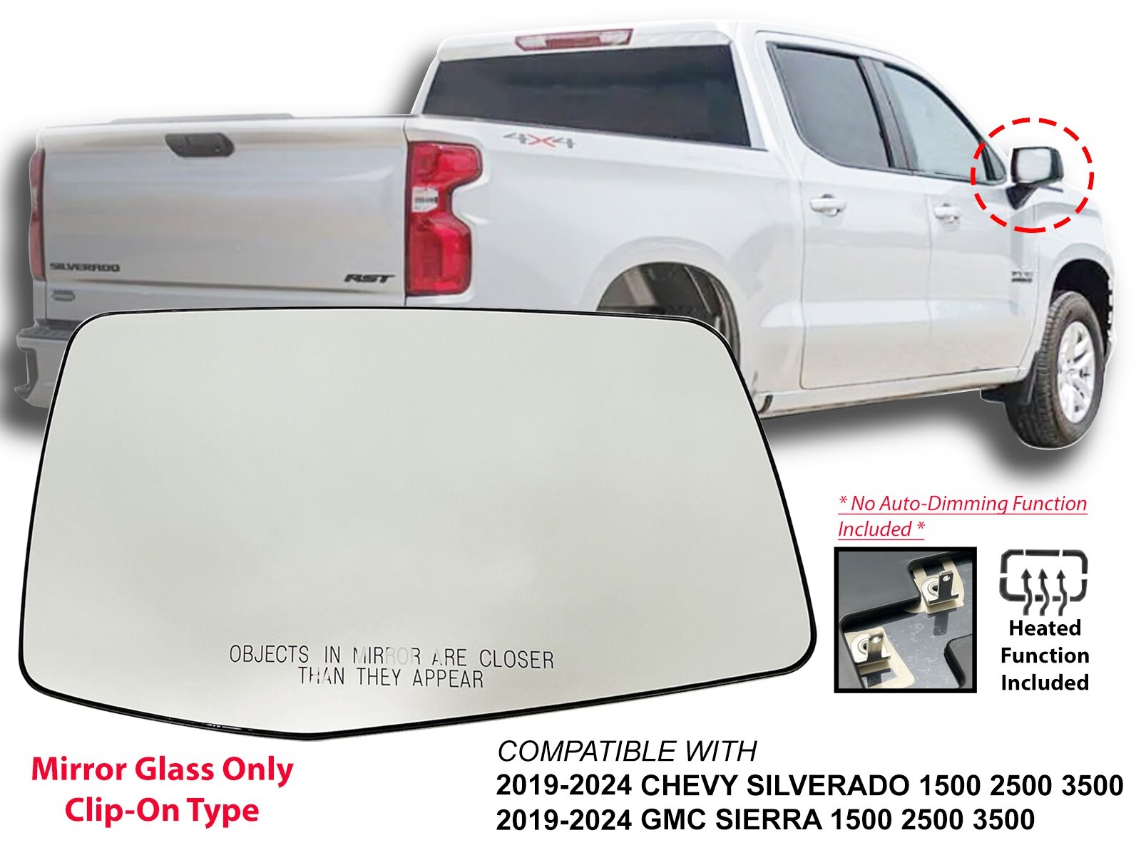 For 2019-2024 SIERRA SILVERADO 1500 2500 3500 Mirror Glass Heated Passenger Side