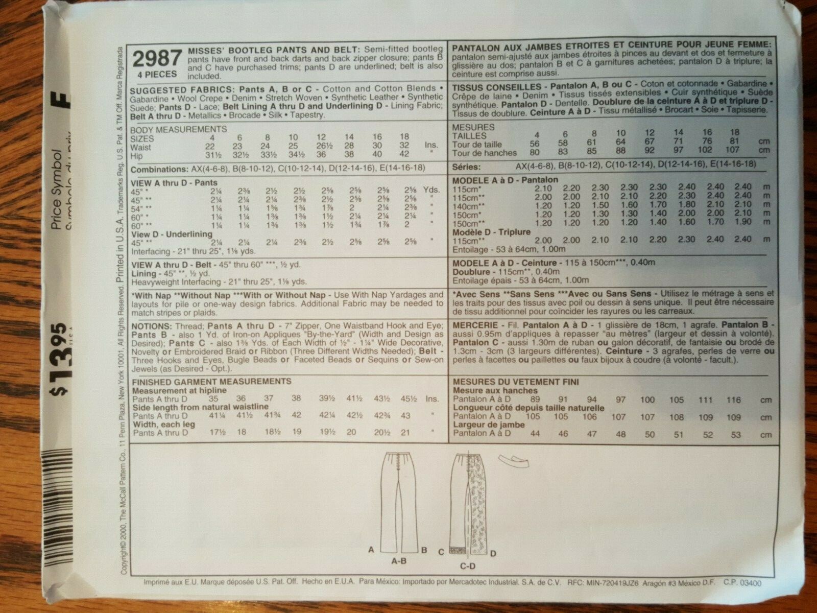 VINTAGE UNOPENED McCALLS PATTERN MISSES' BOOTLEG PANTS AND BELT SIZE4-6-8 # 2987