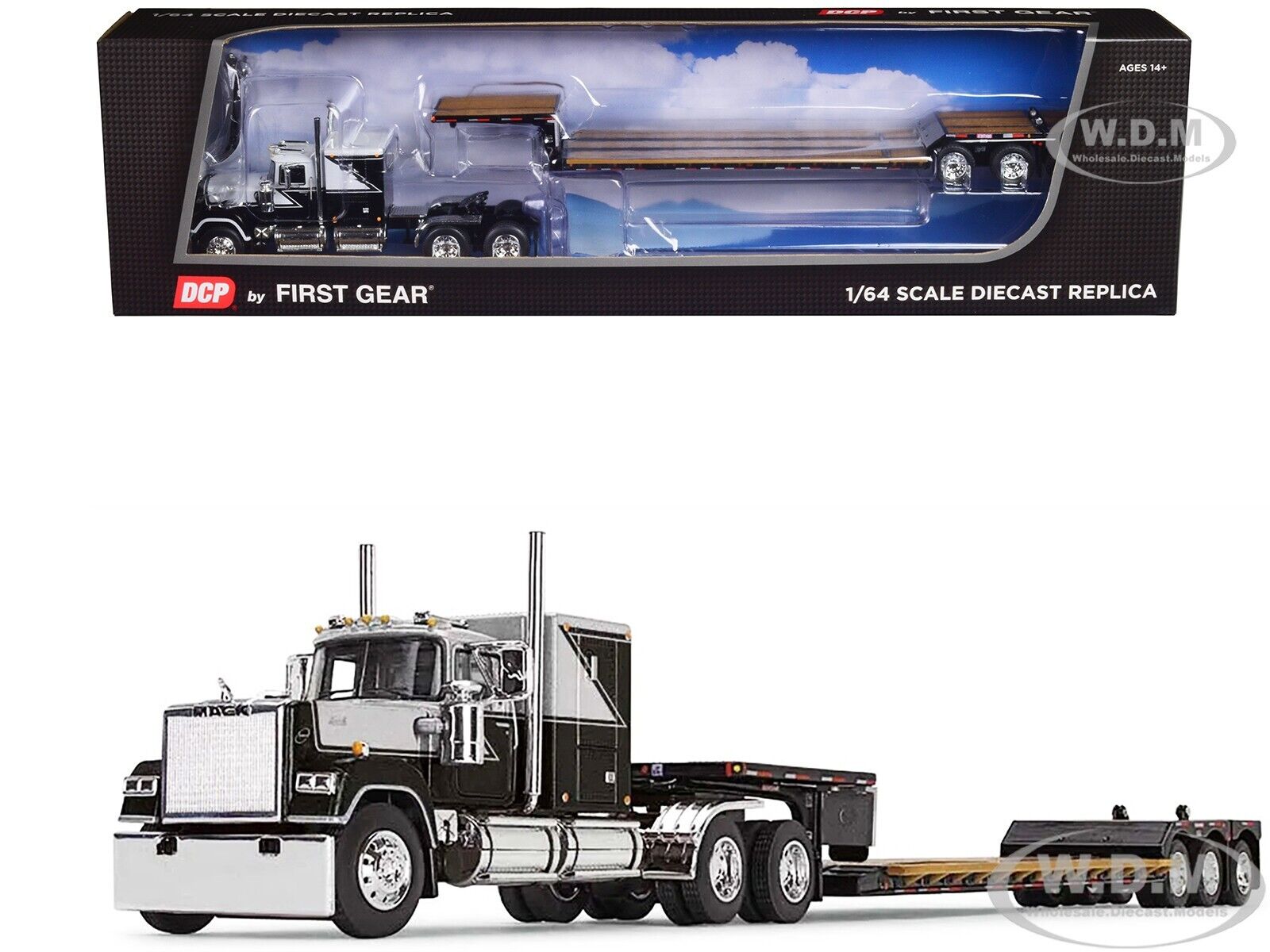 MACK SUPER-LINER W/LOWBOY TRAILER BLACK & GRAY 1/64 BY DCP/FIRST GEAR 60-1669 MACK SUPER-LINER W/LOWBOY TRAILER BLACK & GRAY 1/64 BY DCP/FIRST GEAR 60-1669