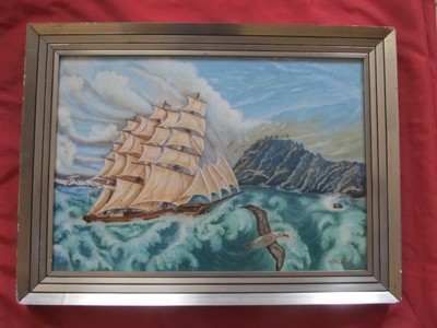 Beautiful marine from 1973 signed V.DE PIERO ''the schooner at Cape Horn''