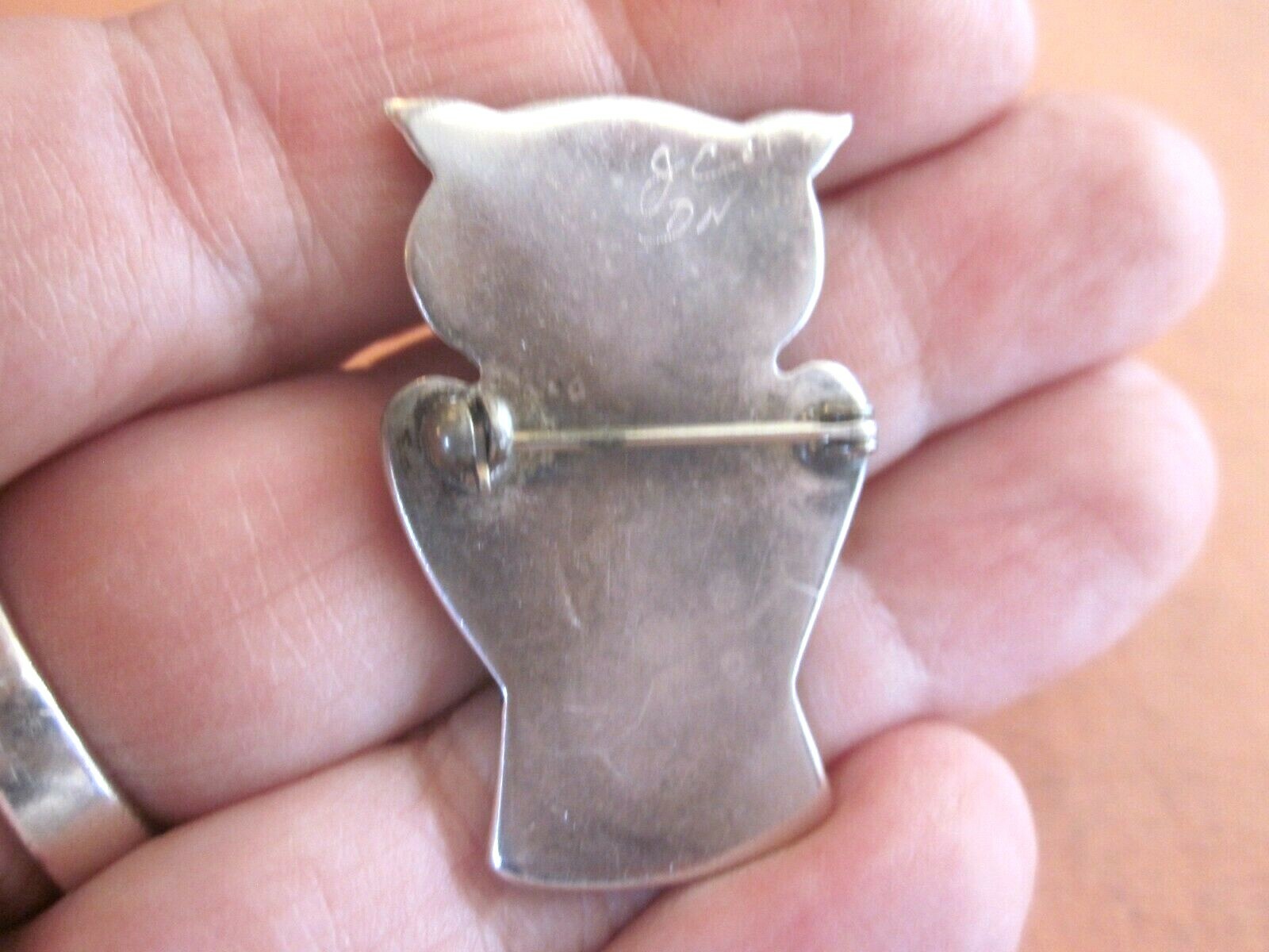 VTG Sterling Silver Adorable Owl Brooch Pin-Turquoise Inlay-Signed JC DN-10.4g