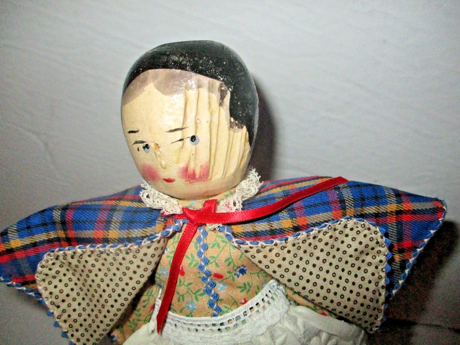 Antique Grodnertal Peg Wood Doll with Elaborate Vintage Outfit Dress Lace Apron