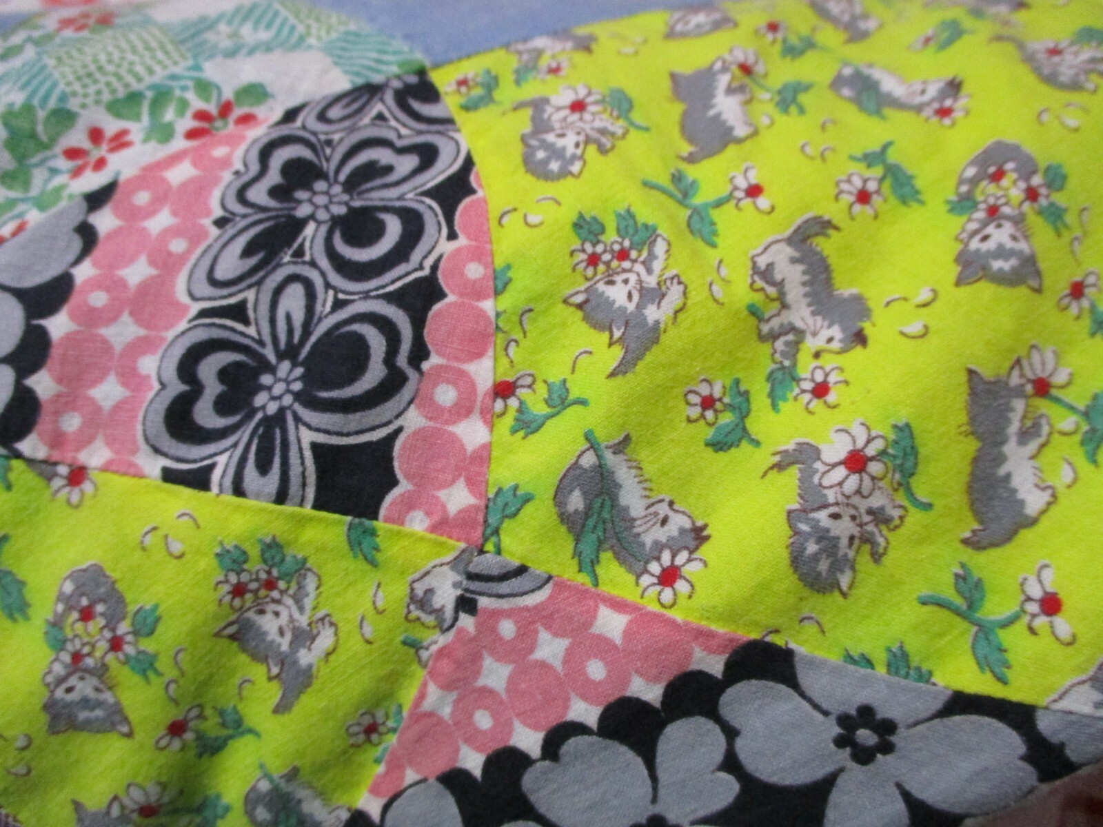 Vintage Pink Feedsack Quilt-Kittens-Bunnies-Patchwork-Hand Sewn