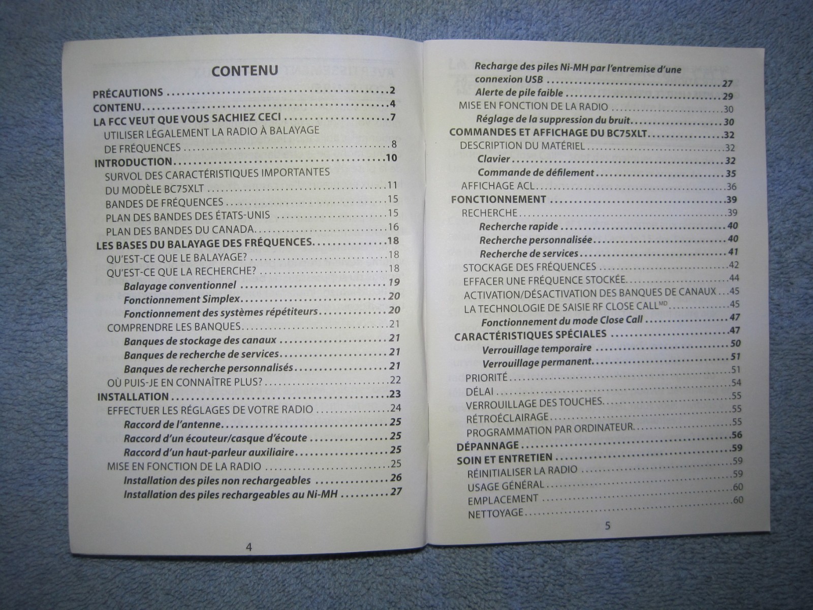 UNIDEN BC75XLT FRENCH OWNERS MANUAL / GUIDE D'UTILISATION  (QTY 4)