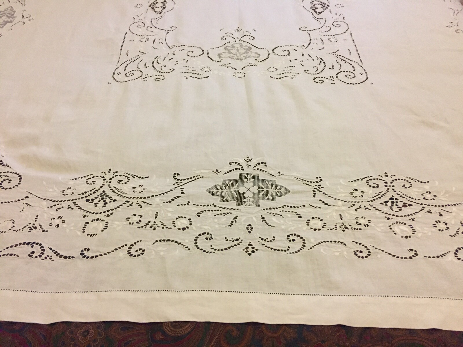 Vintage Linen Needlelace Embroidered Tablecloth 70 by 96 inches