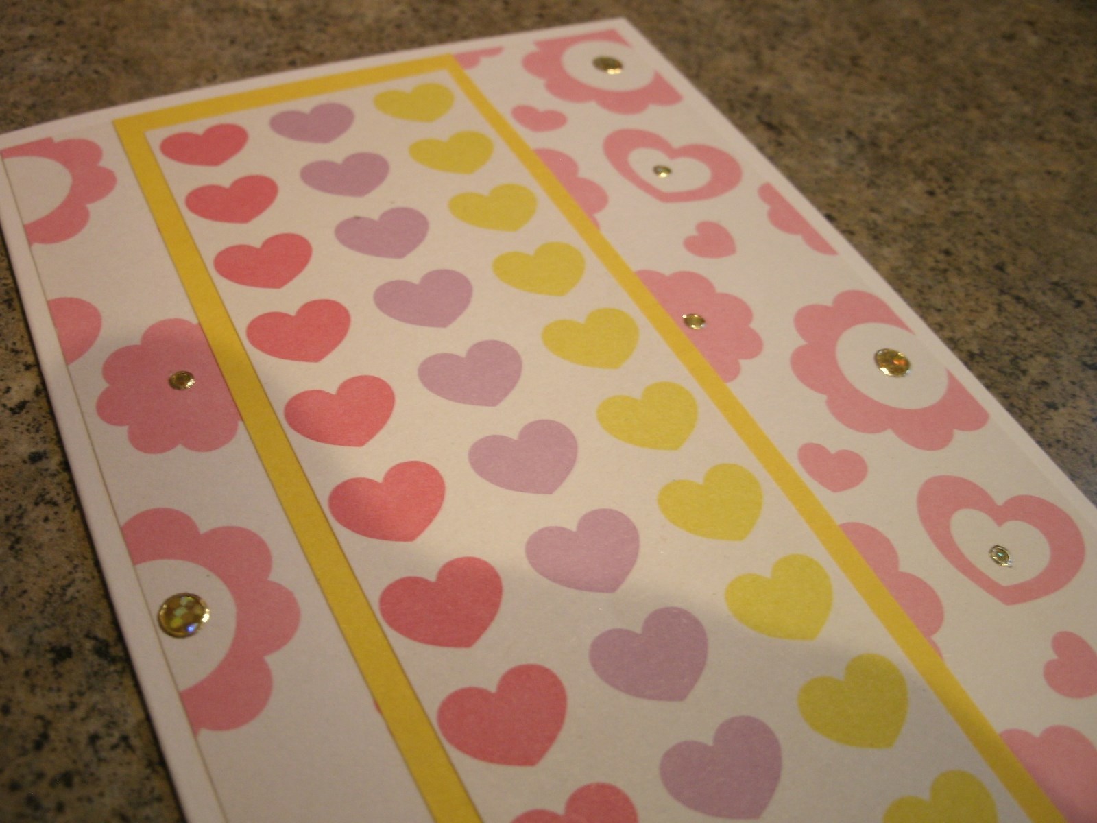 Pink hearts & flowers Handmade Card & Envelope, gold Jewel Dazzles, yellow trim