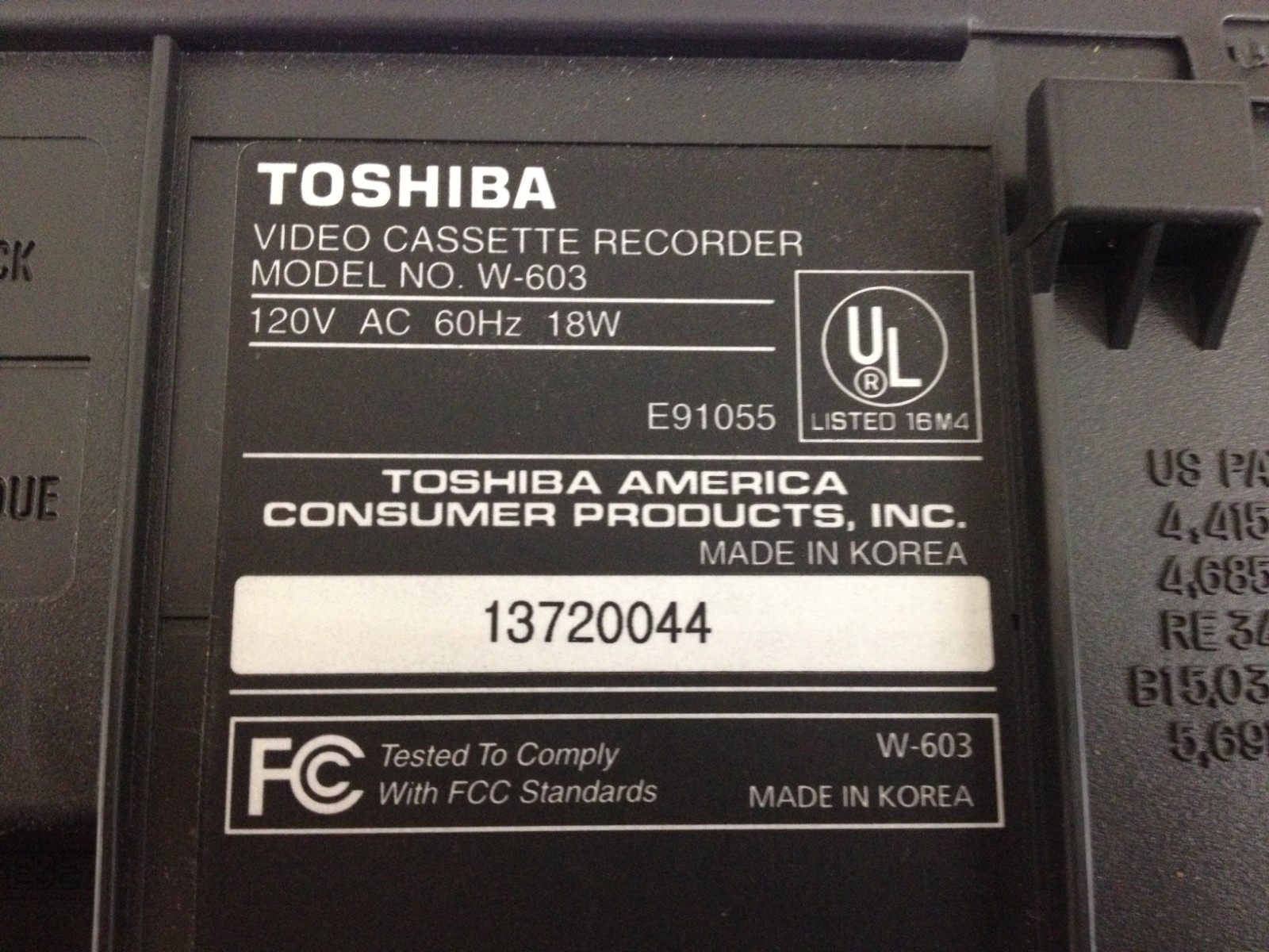 Toshiba W603 4 Head HiFi Stereo VCR VHS Video Cassette Player Recorder