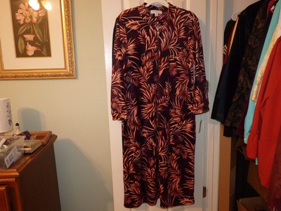 New Miss Elaine House Coat Night Gown Zip Front Tropical Print Pockets Soft