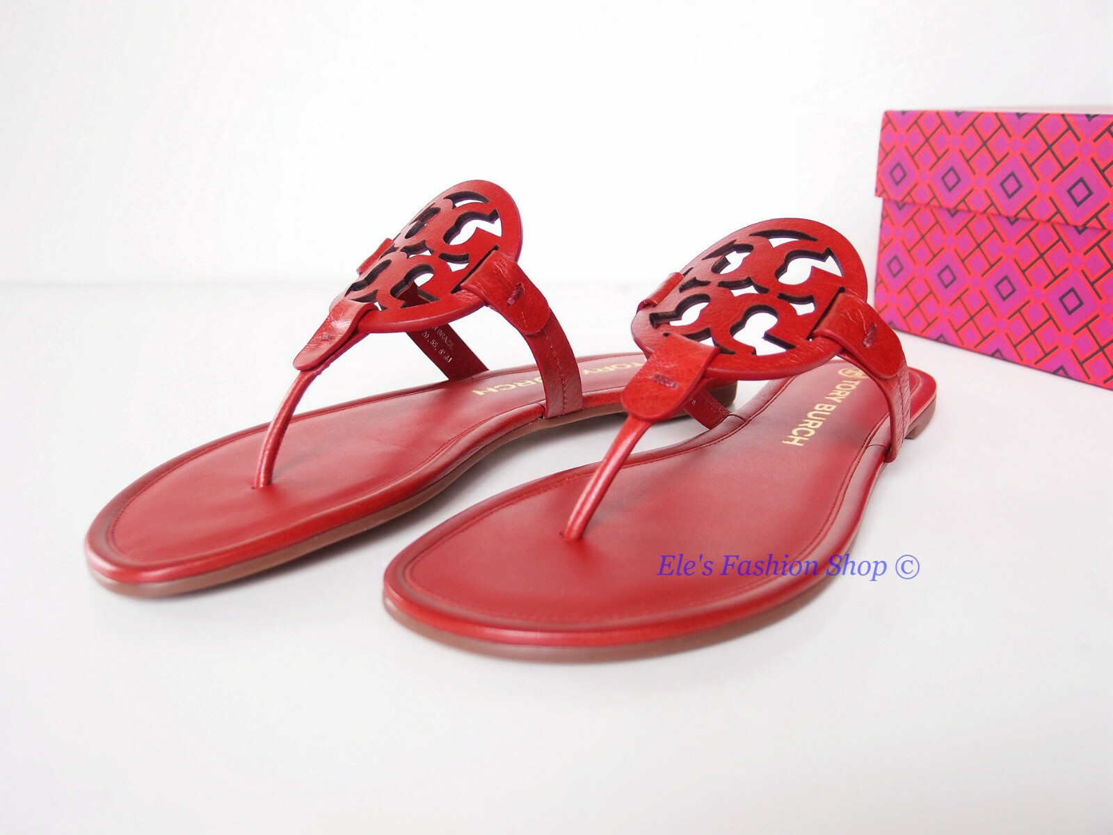 Pre-owned Tory Burch Miller Leather Thong Sandal Poinsettia Red Us 7 Authentic
