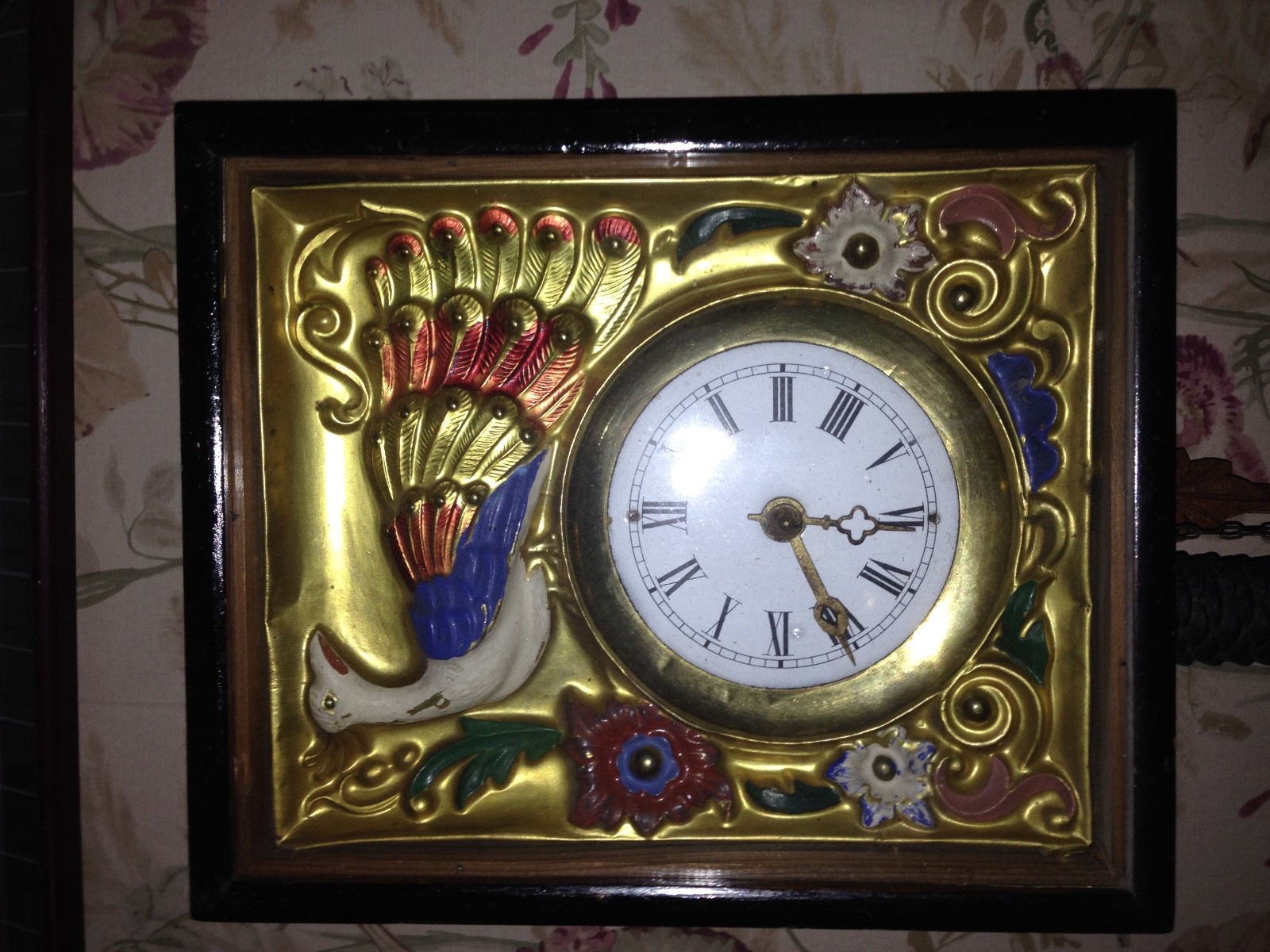 RARE HAND MADE BRASS FACE GERMAN ANTIQUE WALL CLOCK. PEACOCK &I FLOWERS