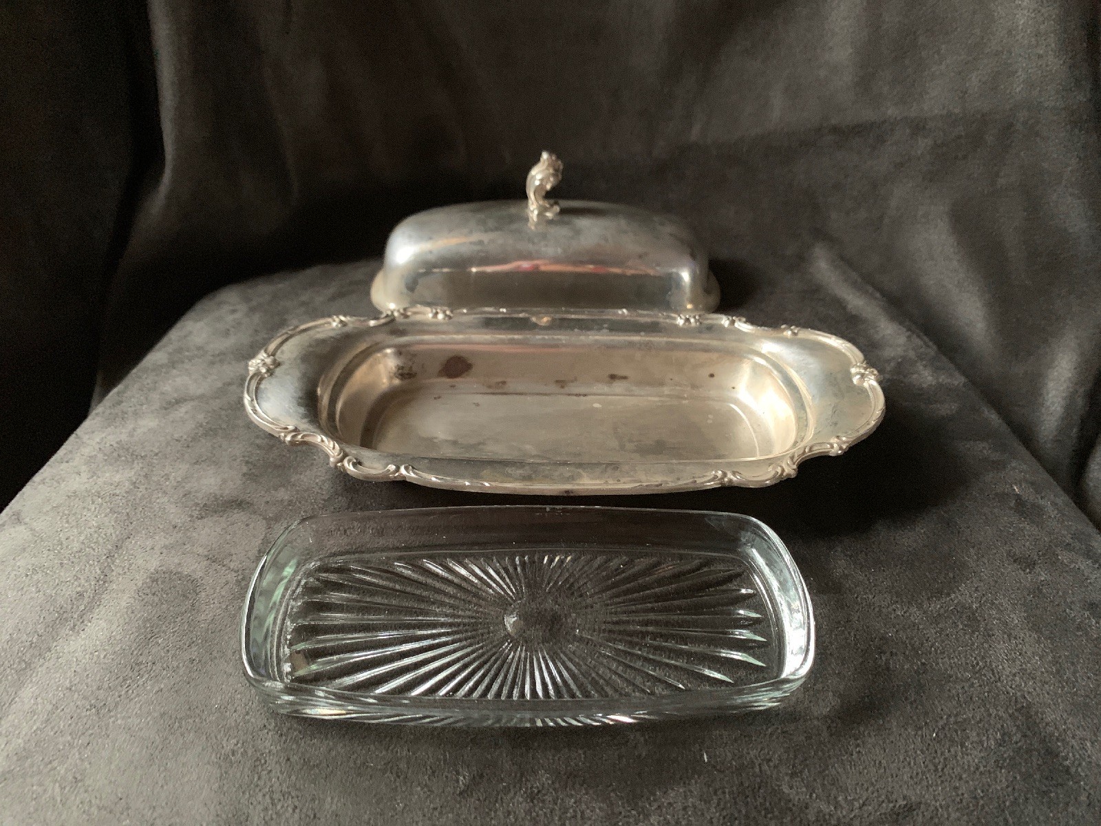1847 Rogers Bros Silverplate Butter Dish with Glass Insert Reflection Pattern