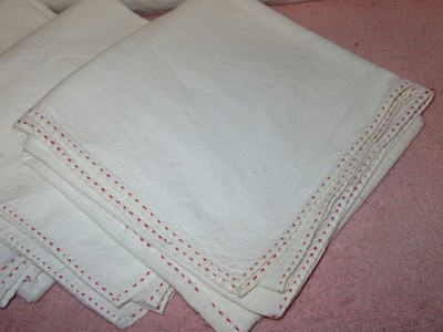 4 Vintage Over-Sized Large Muslin Tea Towels - Red Stitching Around Edge