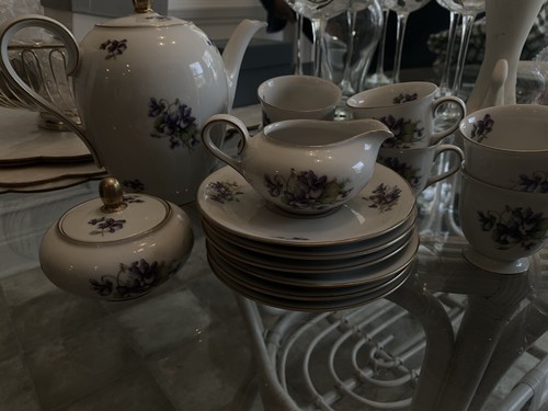 Antique 15 pcs Child's China Tea Set Violet Flower Design Porcelain