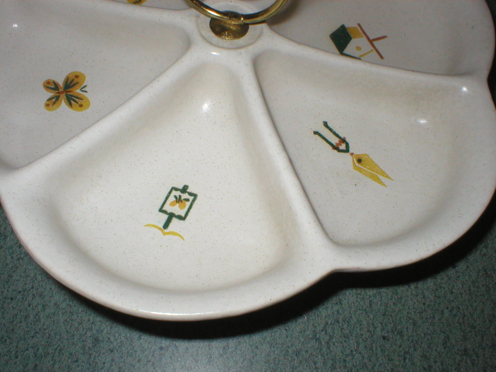 Vtg Mid Century Modern Relish Ceramic Divided Serving Dish Metal Feet Designs