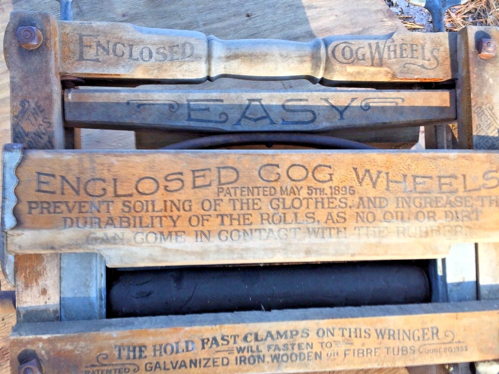 Wringer clothes washer hand crank #730 May 5 1896 PRIMITIVE wood / iron ANTIQUE