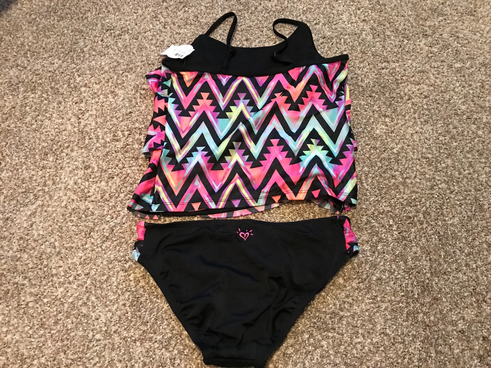 New Justice girl's 2 piece tankini, zigzag, black, size 14