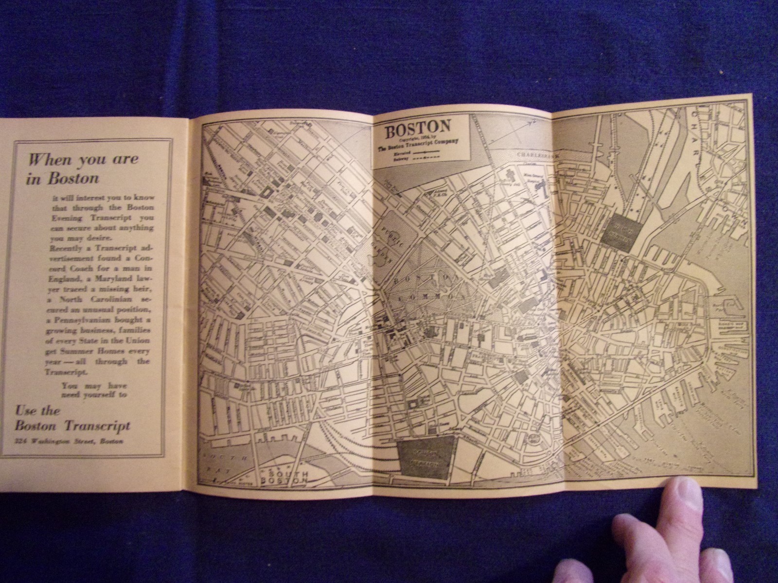 1922 STRANGER'S DIRECTORY w FOLD OUT MAP of BOSTON-COMPLIMENTS BOSTON TRANSCRIPT