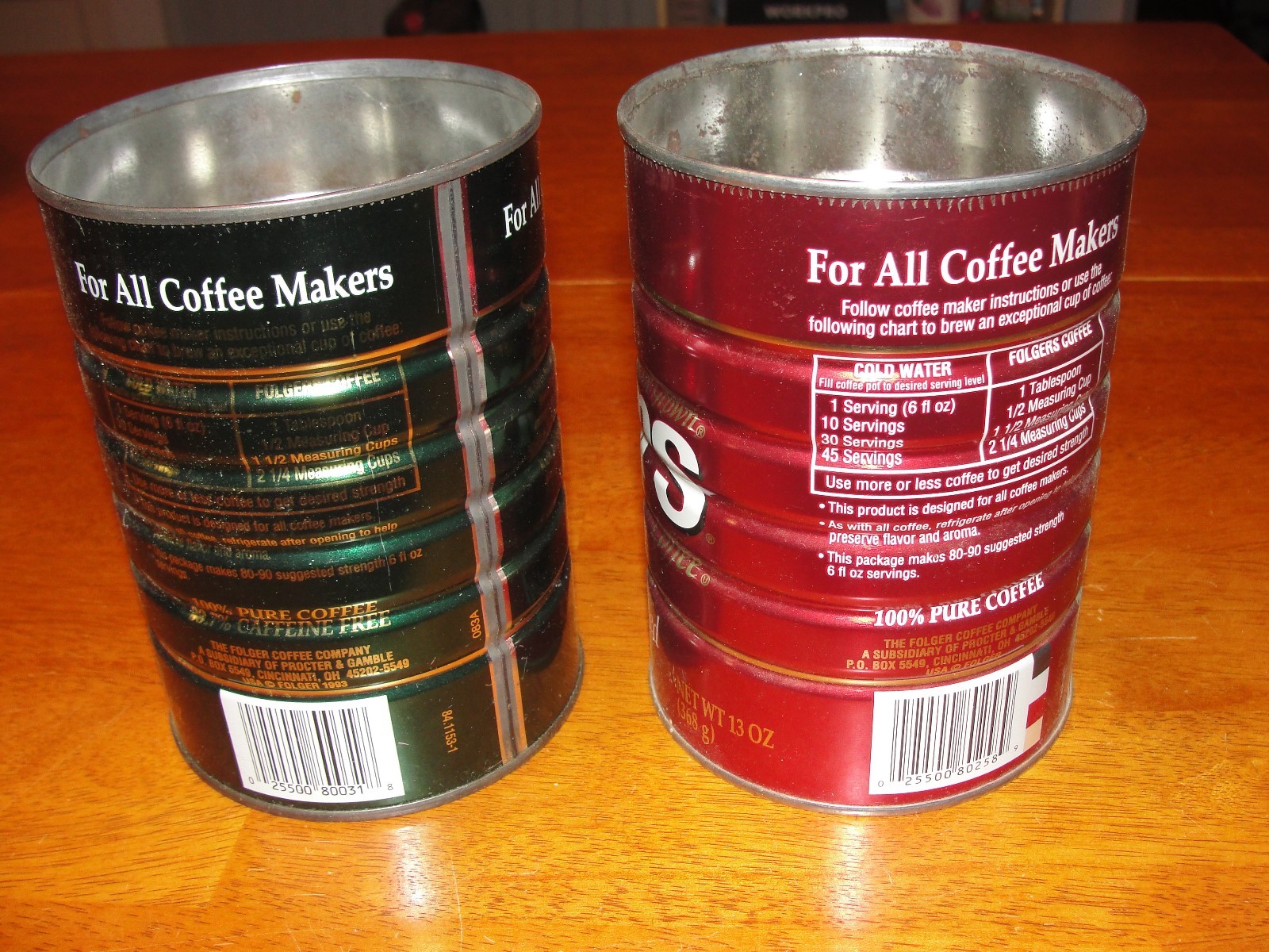 Vintage Lot of 2 Folgers Aroma Roasted Metal 13 oz Coffee Can - Reg & Decaf
