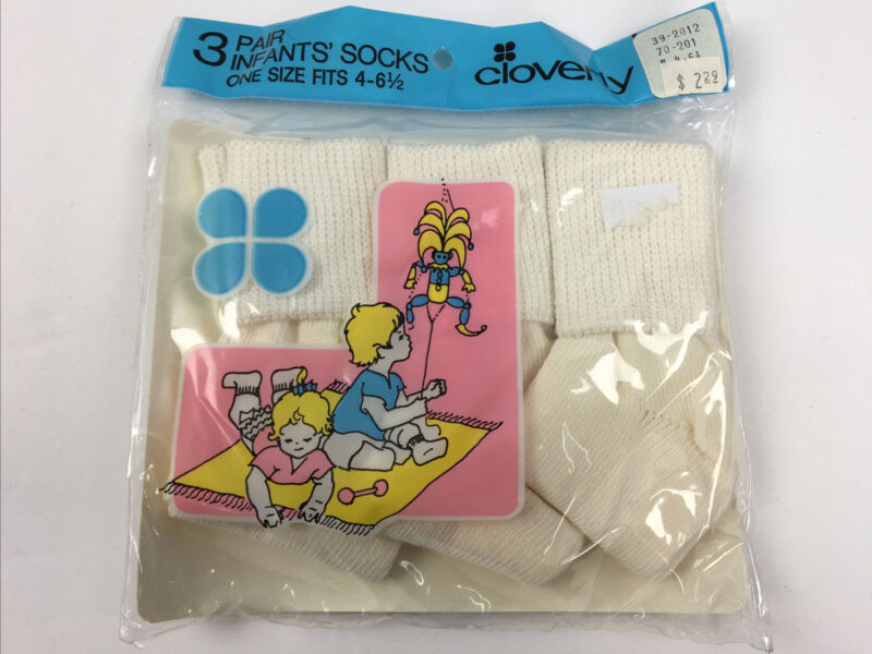 Vtg 80s Cloverly Infant Socks 3 Pack Sz 4-6.5 White Made in the USA Cotton Blend