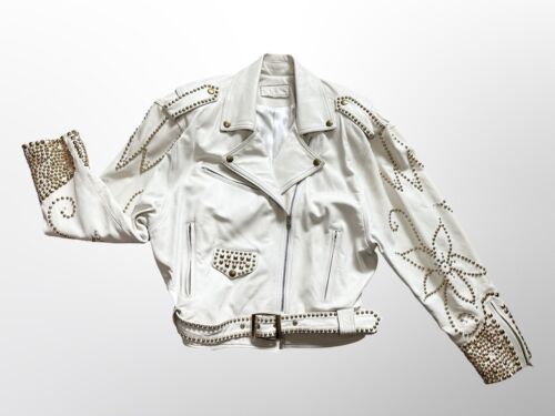 VTG 80s 90s John Michael White Leather Studded Rhinestone Floral Biker Jacket LG VTG 80s 90s John Michael White Leather Studded Rhinestone Floral Biker Jacket LG