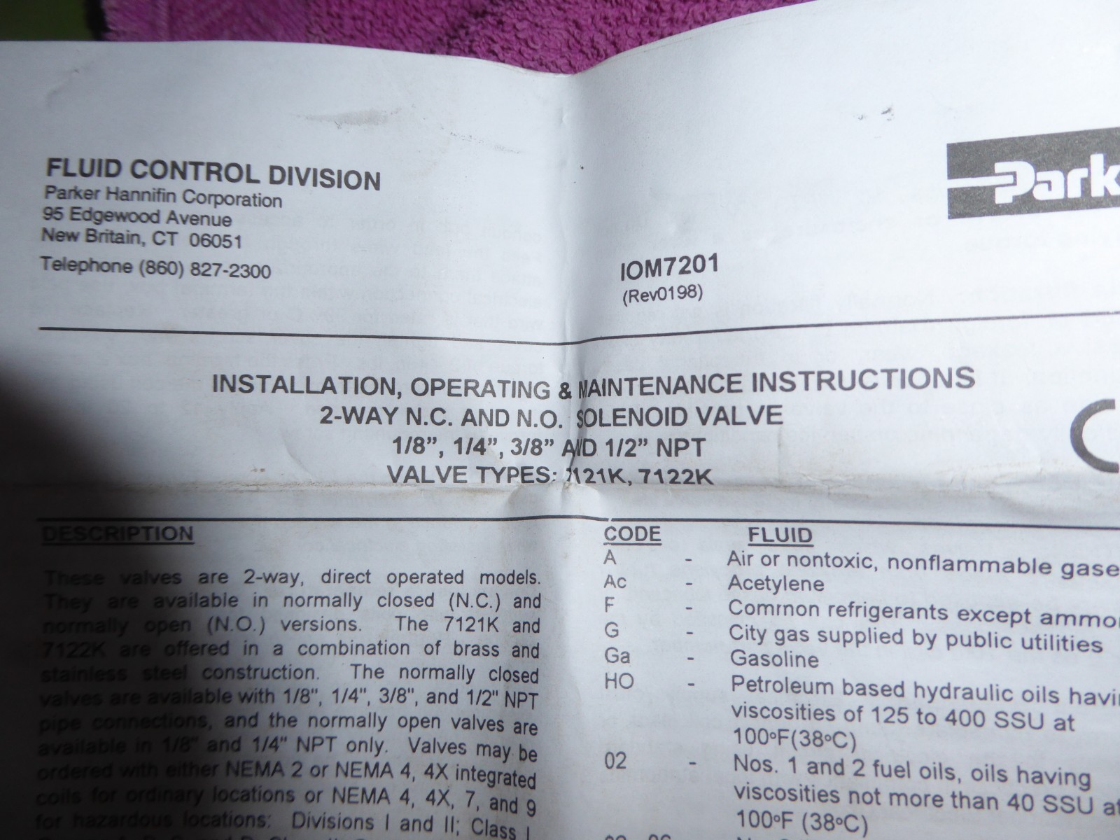 1-Parker Solenoid Valve 7121KBN2NV00N0L111B2  24/60 VOLT145 PSI 1/8 ORFICE 10 WT