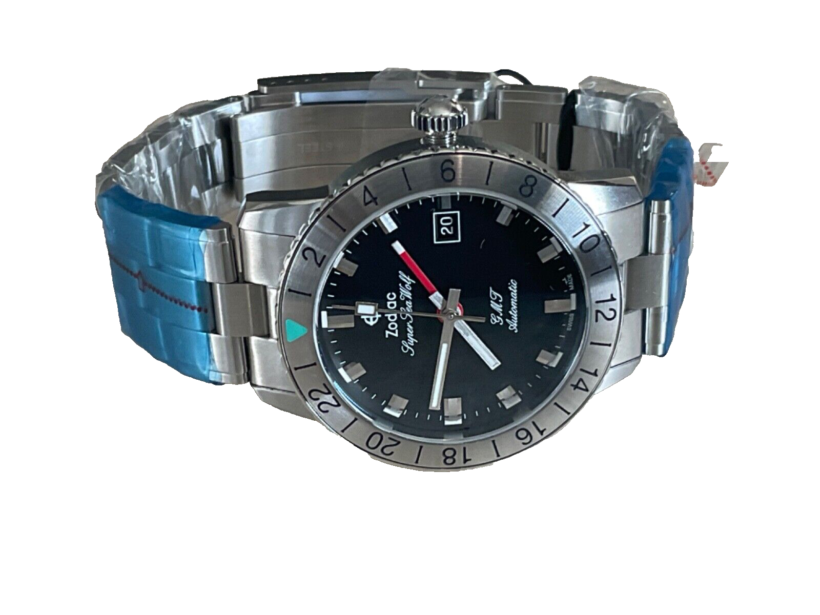 Pre-owned Zodiac Super Sea Wolf Gmt Black Dial Steel Bracelet Watch Zo9405