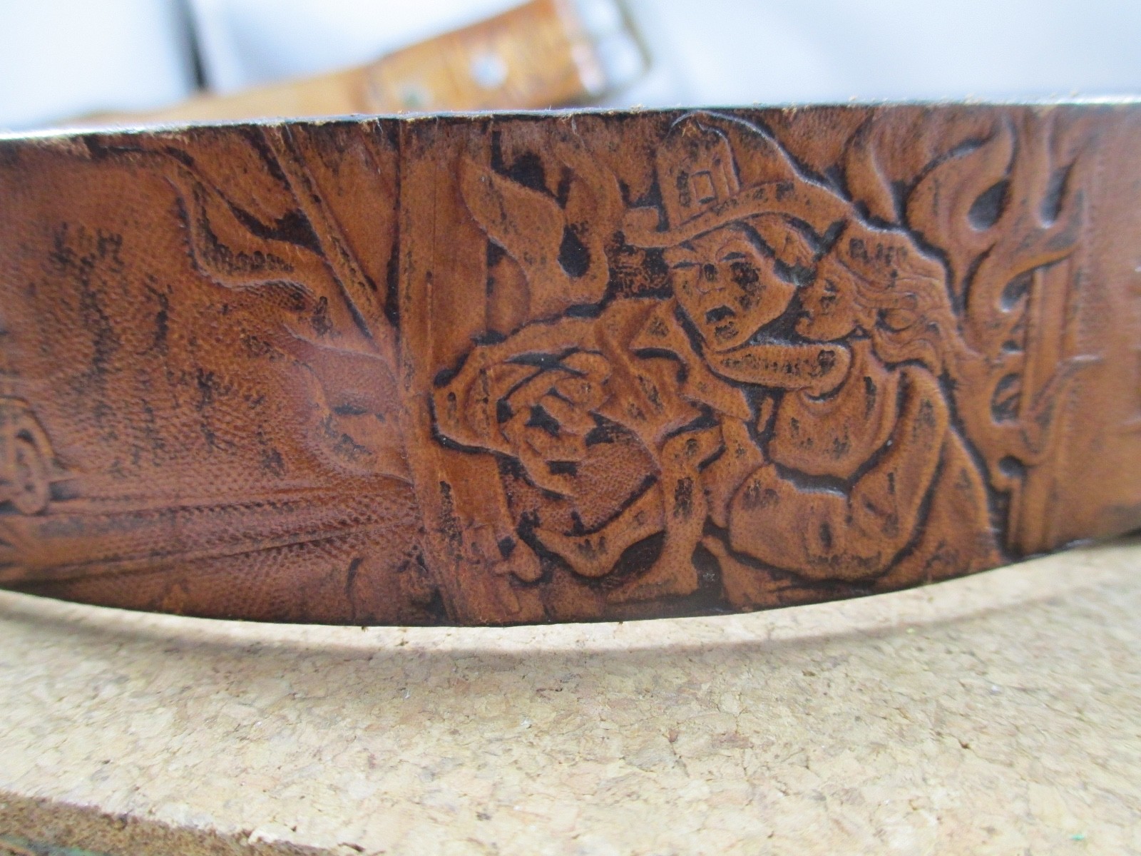 Vintage Signed Kat Kuszak Hand Tooled Leather Belt Fireman Firefighting Belt 34