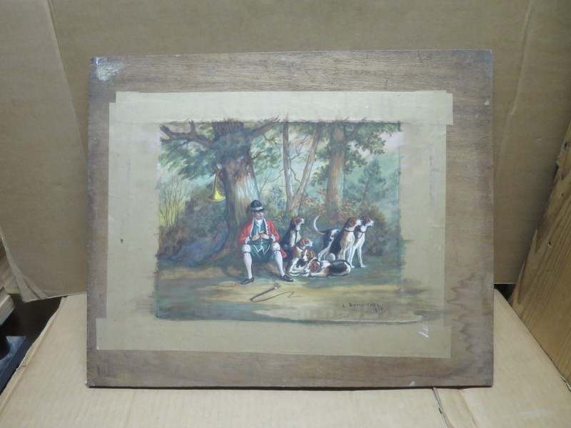 L Dumouchel 1910 Gouache Chasse à Courre Veneur Et Sa Meute De Chiens Au Repos