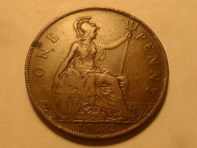 1932 NICE GEORGE V GREAT BRITAIN BRONZE PENNY KM#838 LOW MINTAGE 8,278,000!